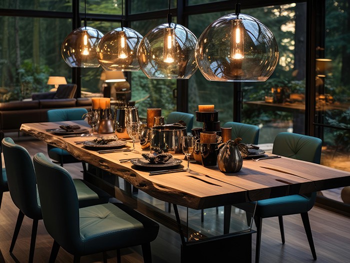 A dining table featuring unique, dimly-lit lighting fixtures.